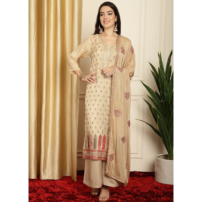 3 Pc Beige Unstitched Pure Silk Suit Set - JD986607094