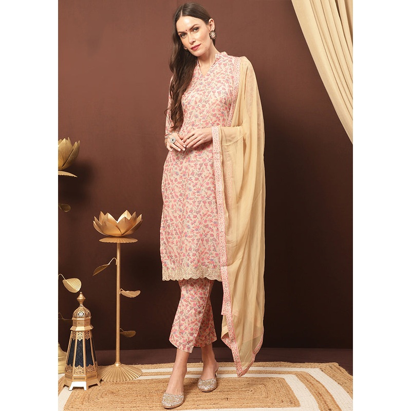 3 Pc Beige Unstitched Silk Suit Set With Dupatta - JD986607037
