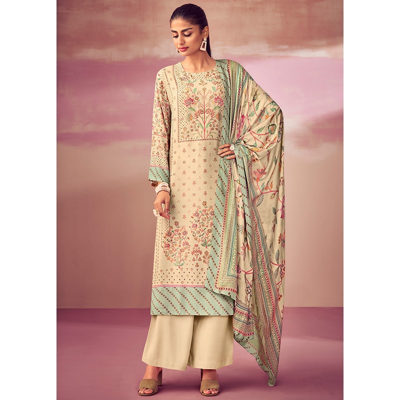 3 Pc Beige Unstitched Silk Suit Set With Dupatta - JD986607043