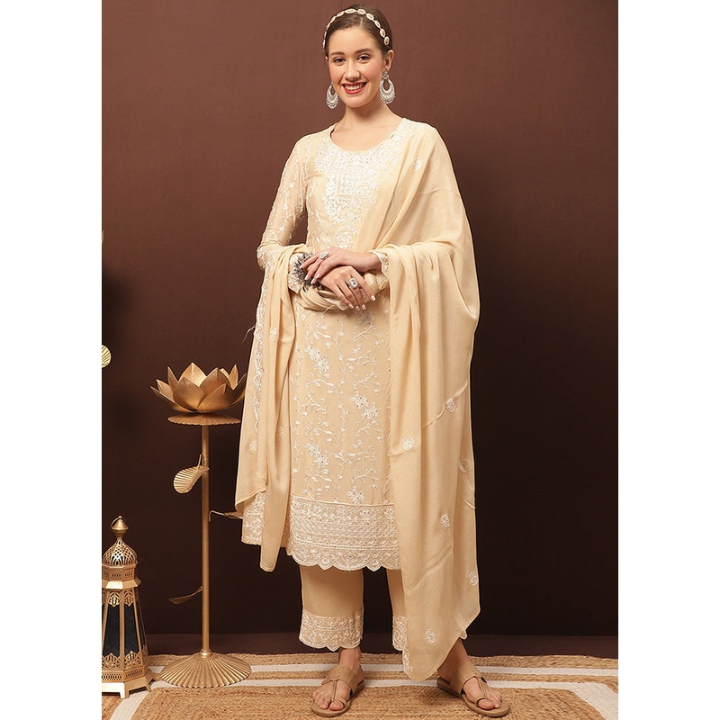 3 Pc Beige Unstitched Suit Set With Dupatta - JD986607034