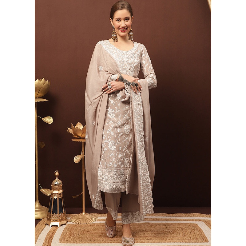 3 Pc Beige Unstitched Suit Set With Dupatta - JD986607036