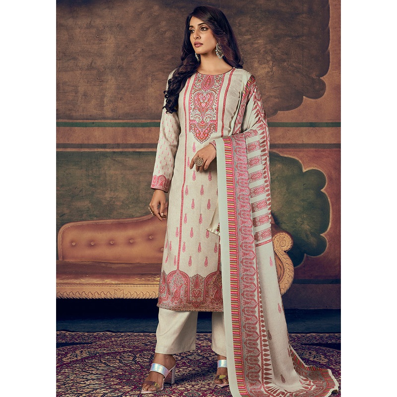 3 Pc Beige Unstitched Suit Set With Dupatta - JD986607040