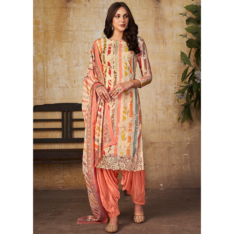 3 Pc Beige Unstitched Suit Set With Dupatta - JD986607047