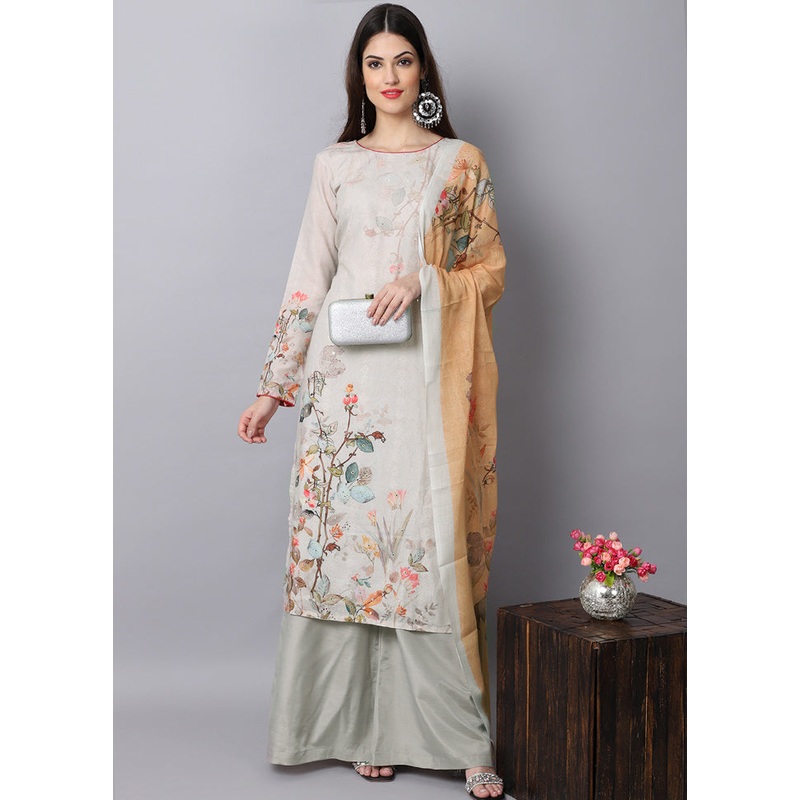 3 Pc Beige Unstitched Suit Set With Dupatta - JD986607048