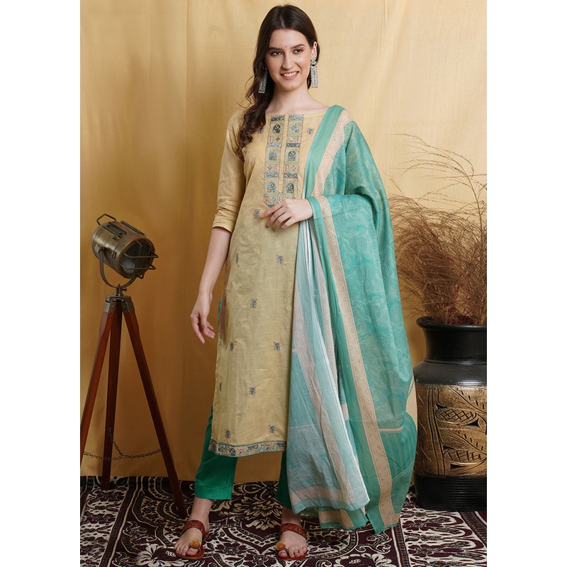 3 Pc Beige Unstitched Suit Set With Dupatta - JD986607049