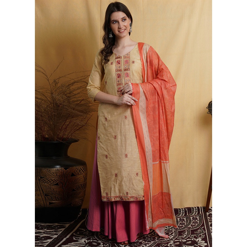 3 Pc Beige Unstitched Suit Set With Dupatta - JD986607050