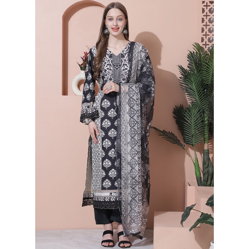3 Pc Black Pure Semi Stitched Cotton Suit Set - JD986607065