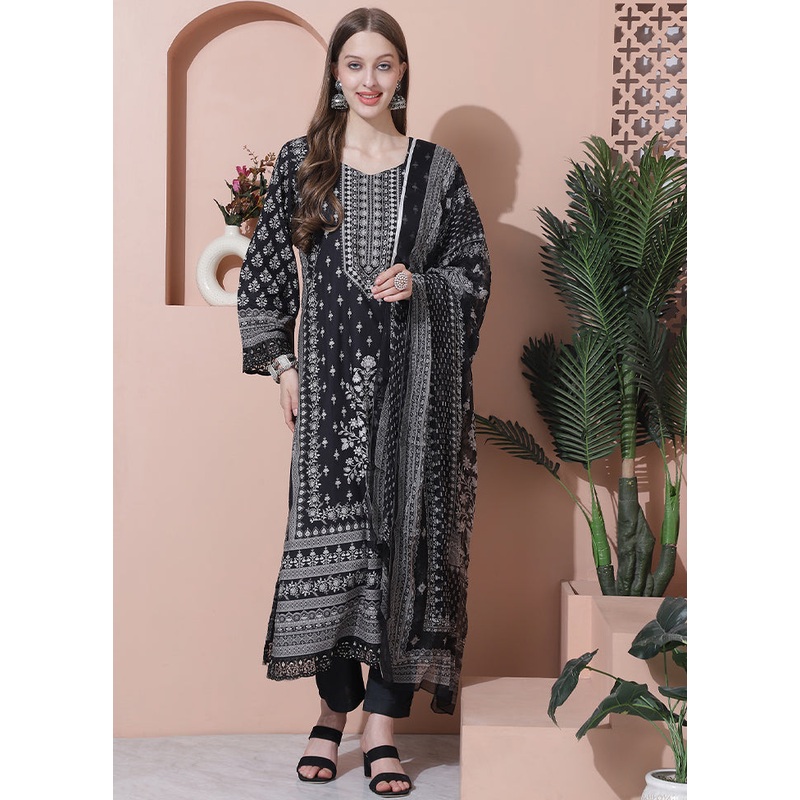 3 Pc Black Pure Semi Stitched Cotton Suit Set - JD986607070