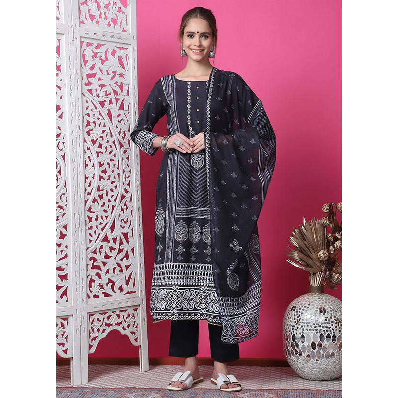 3 Pc Black Semi Stitched Cotton Suit Set - JD986607080