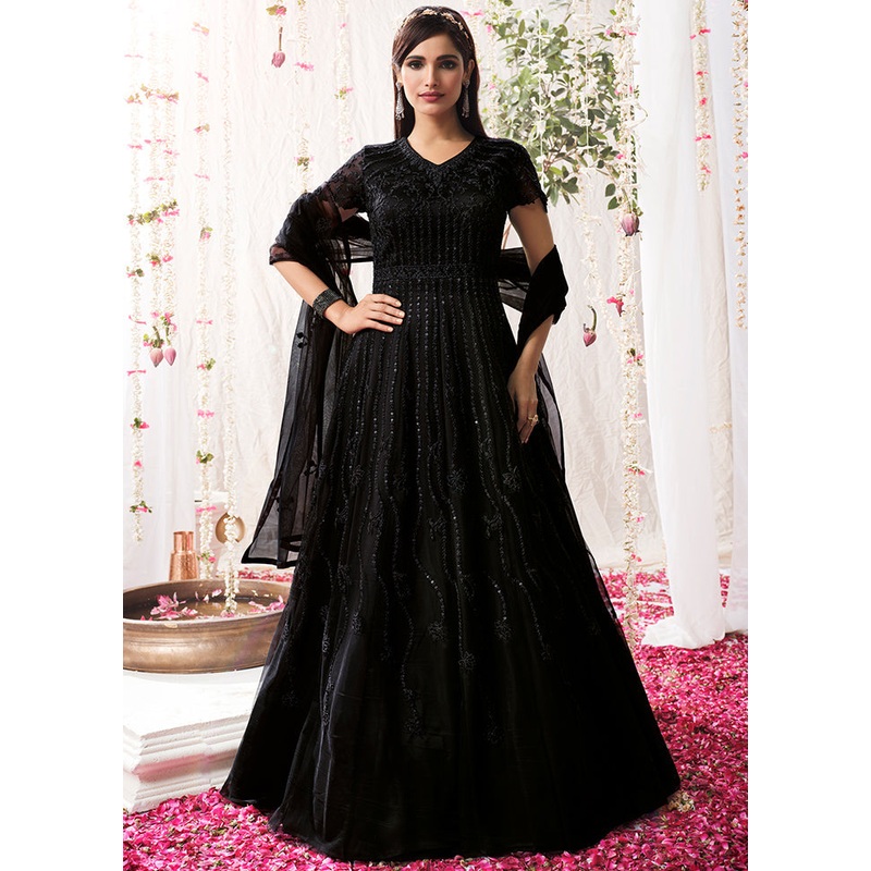3 Pc Black Semi Stitched Satin Resham Thread Work Gown - JD986607056