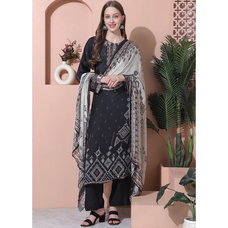 3 Pc Black Semi Stitched Silk Suit Set - JD986607067