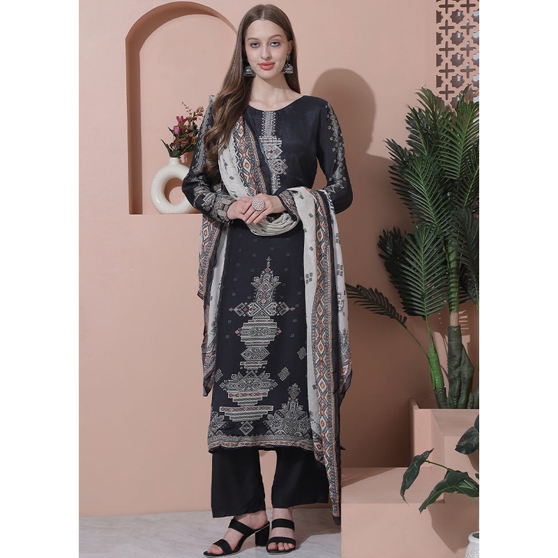3 Pc Black Semi Stitched Silk Suit Set - JD986607069