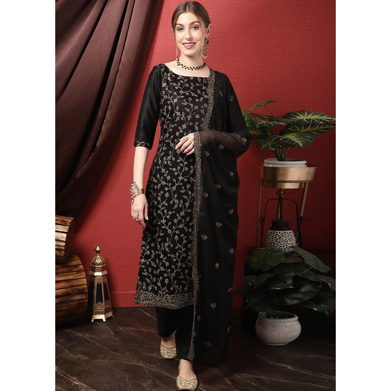 3 Pc Black Unstitched Cotton Suit Set - JD986607071