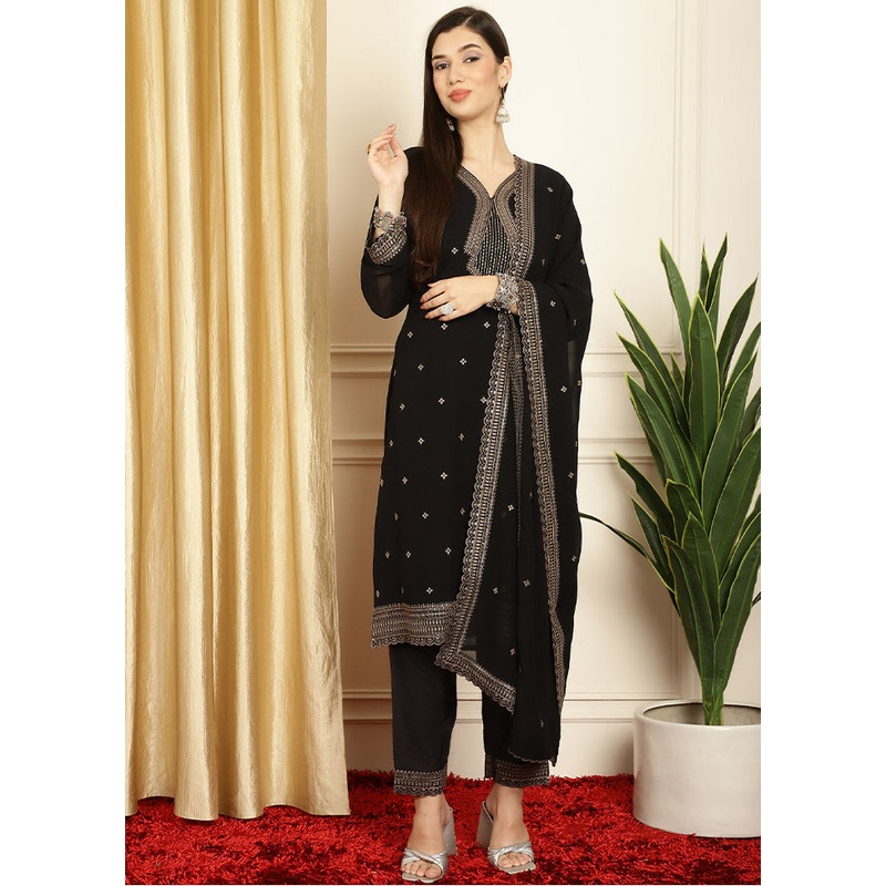 3 Pc Black Unstitched Georgette Suit Set - JD986607061