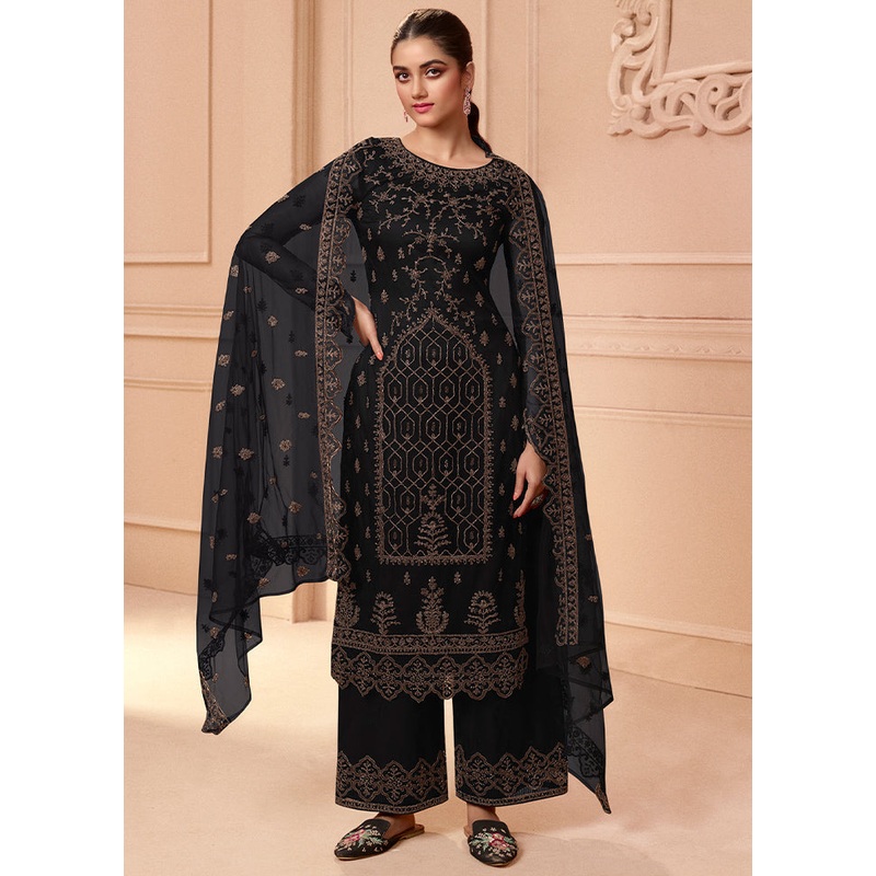 3 Pc Black Unstitched Net Floral Work Suit Set - JD986607038