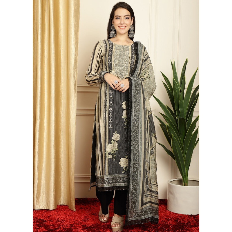 3 Pc Black Unstitched Pashmina Suit Set - JD986607060