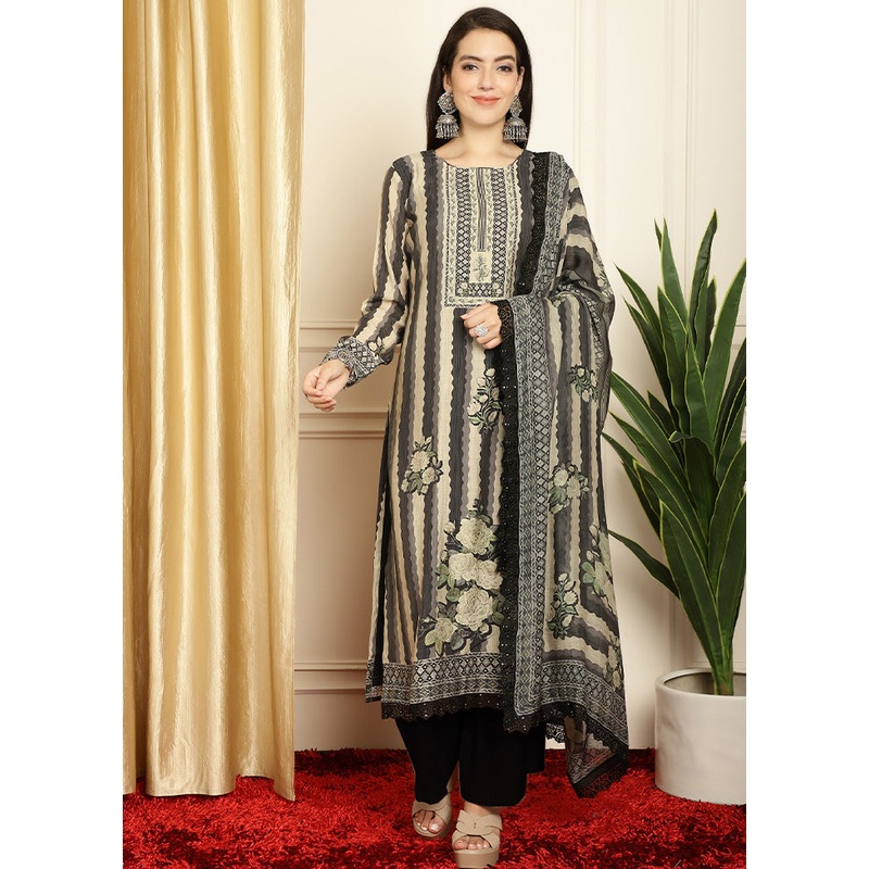 3 Pc Black Unstitched Pashmina Suit Set - JD986607062