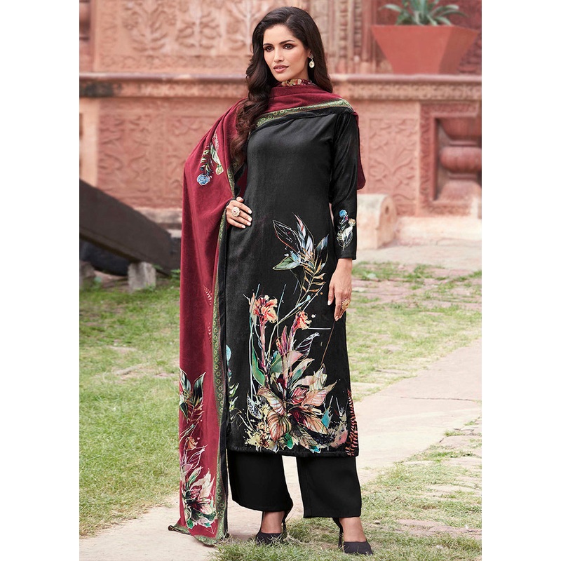 3 Pc Black Unstitched Pashmina Suit Set - JD986607076