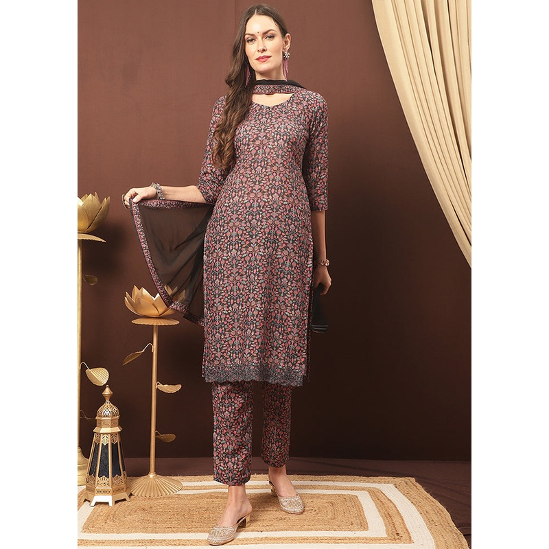 3 Pc Black Unstitched Silk Suit Set With Dupatta - JD986607039
