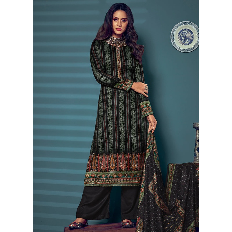 3 Pc Black Unstitched Silk Suit Set With Dupatta - JD986607042