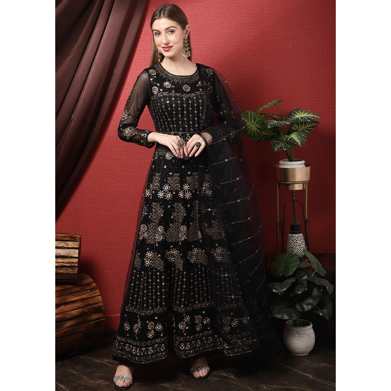 3 Pc Black Unstitched Suit Set With Dupatta - JD986607033