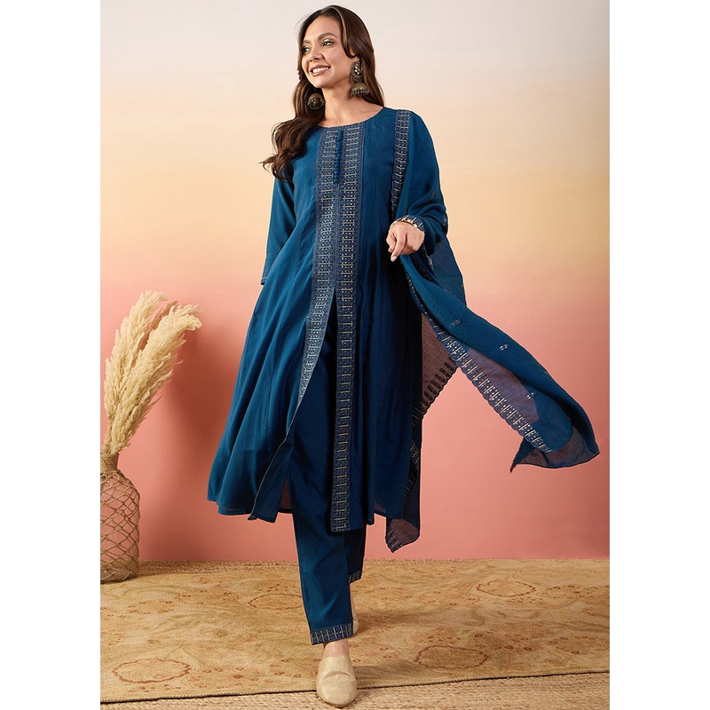 3 Pc Blue Readymade Silk Suit Set - JD986606970