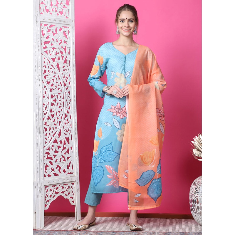3 Pc Blue Semi Stitched Cotton Suit Set - JD986607081