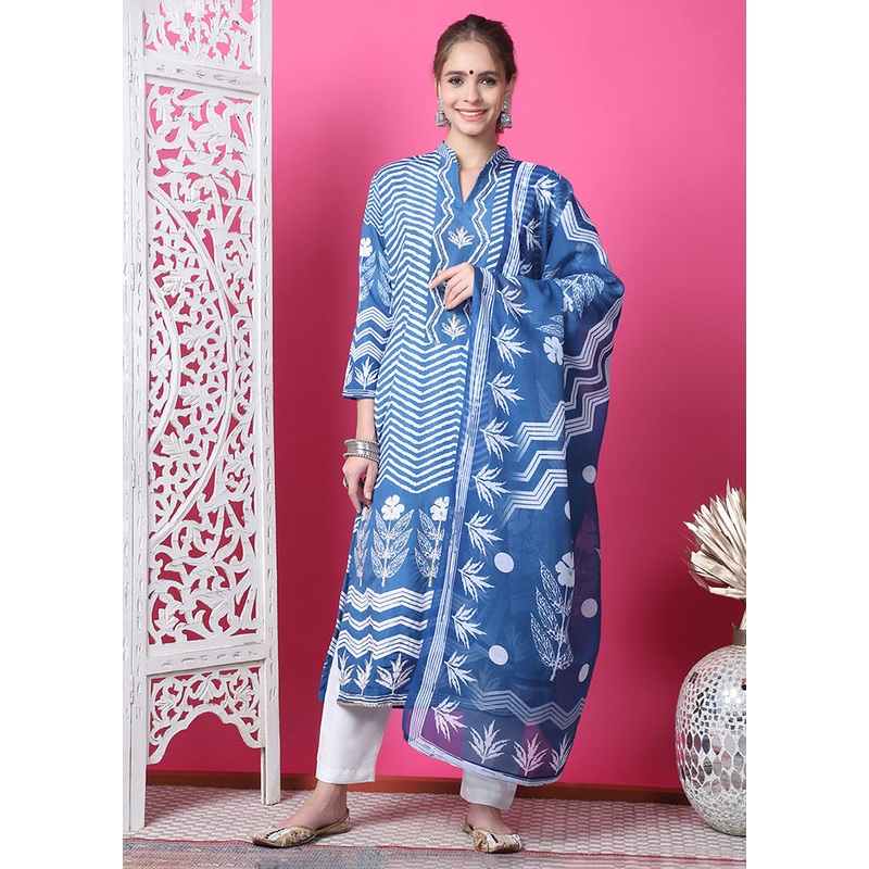 3 Pc Blue Semi Stitched Cotton Suit Set - JD986607083