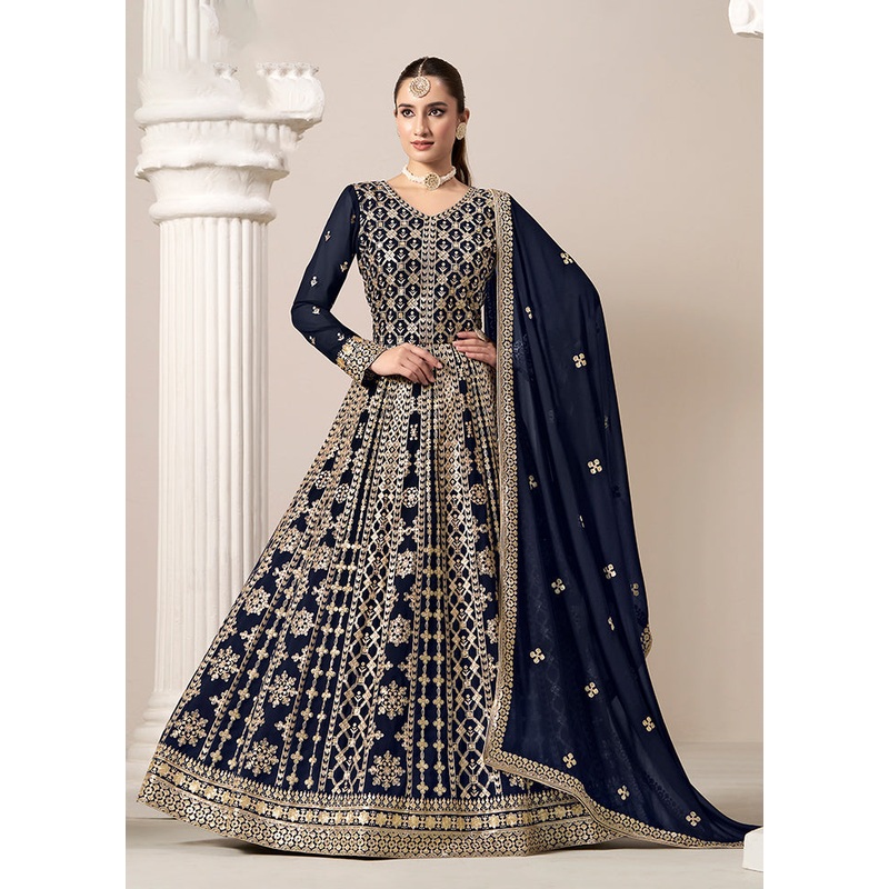 3 Pc Blue Semi Stitched Georgette Suit Set - JD986606958