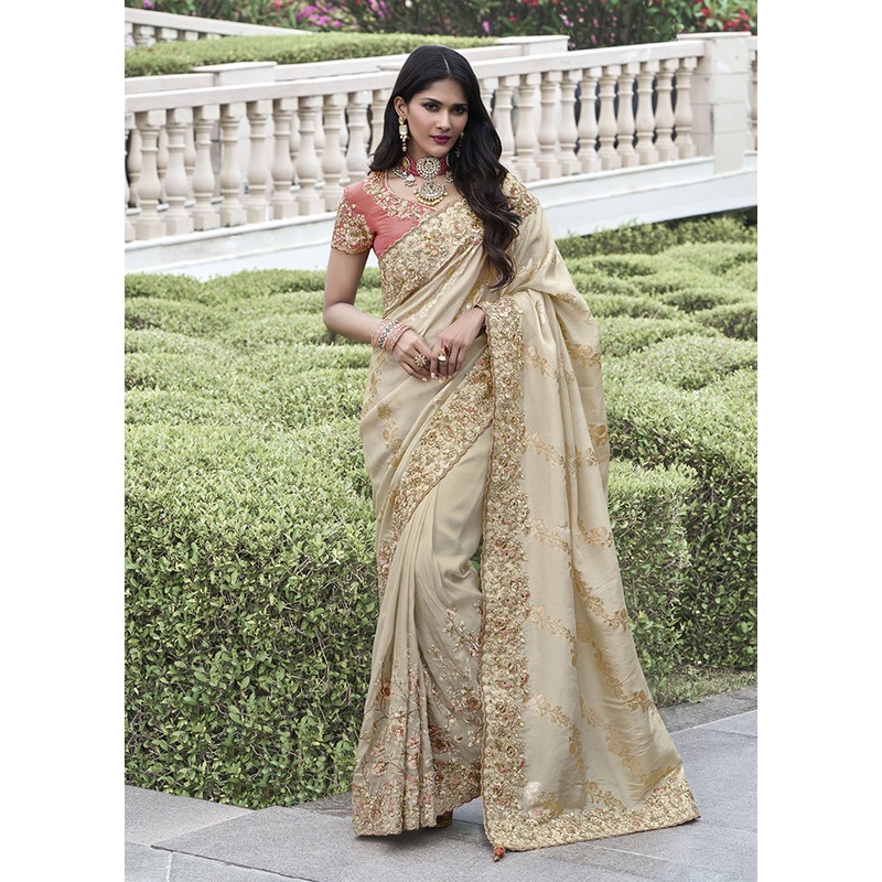 Beige Spun Pure Silk Saree With Blouse Piece - JD986607032