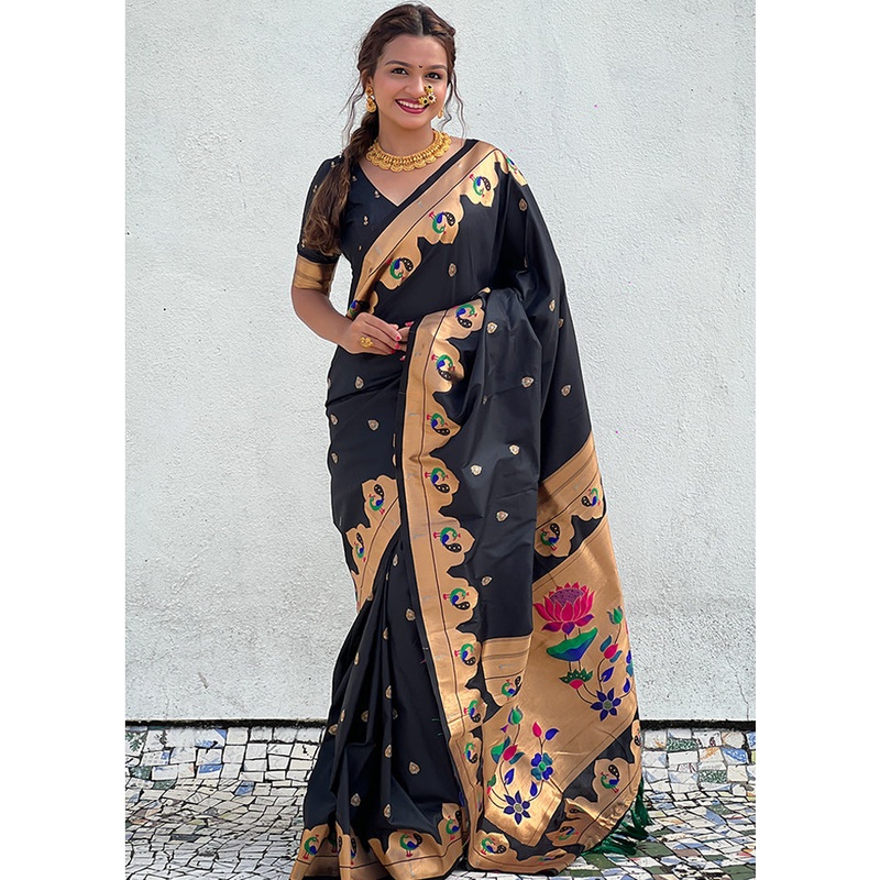 Black Spun Silk Saree With Blouse Piece - JD986607029