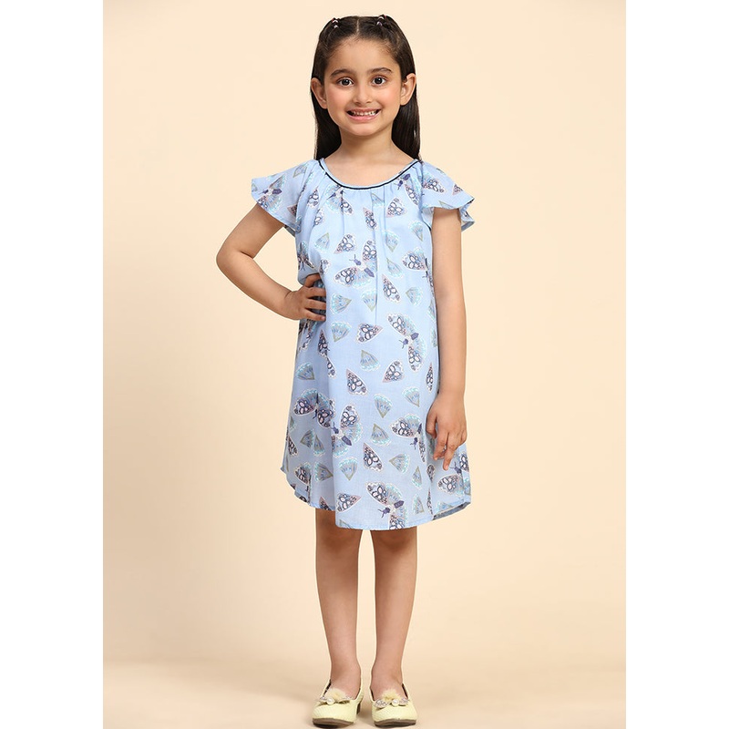 Blue Cotton Short Sleeves Round Neckshape Indian Dress - JD986606893