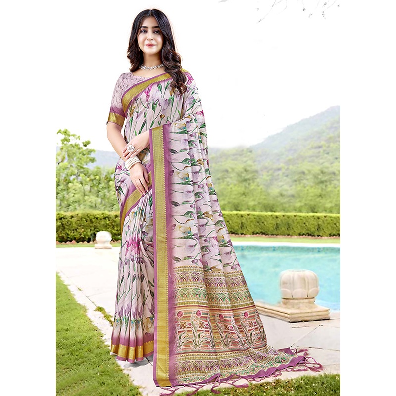 Cream Spun Silk Saree With Blouse Piece - JD986606948