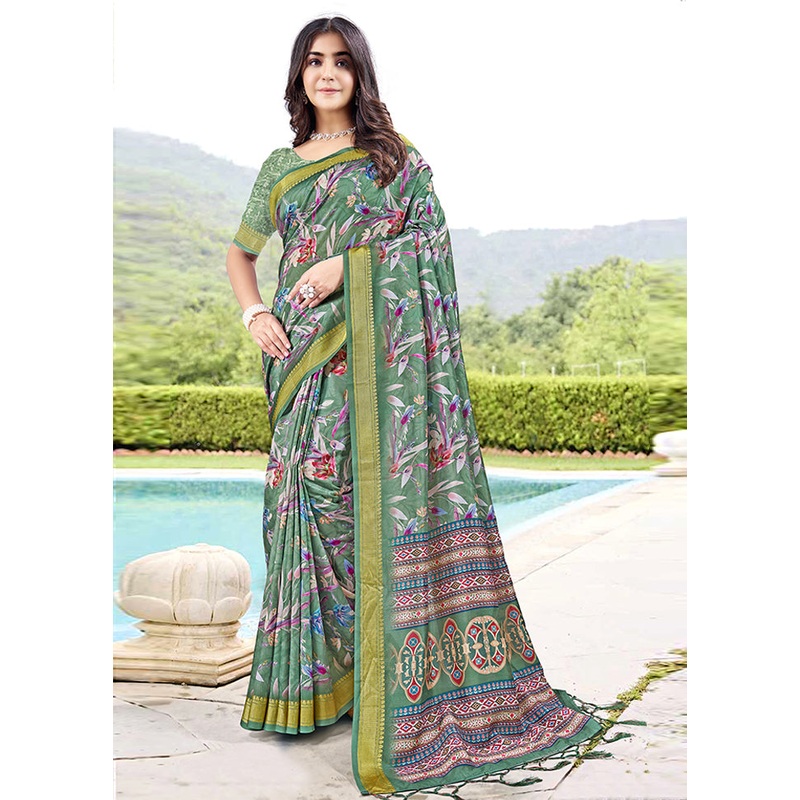 Green Spun Silk Saree With Blouse Piece - JD986606946