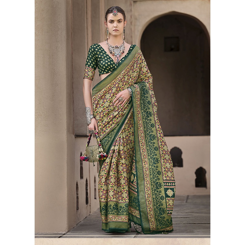 Green Spun Silk Saree With Blouse Piece - JD986607018