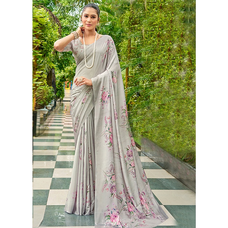Grey Crepe Silk Saree With Blouse Piece - JD986606943
