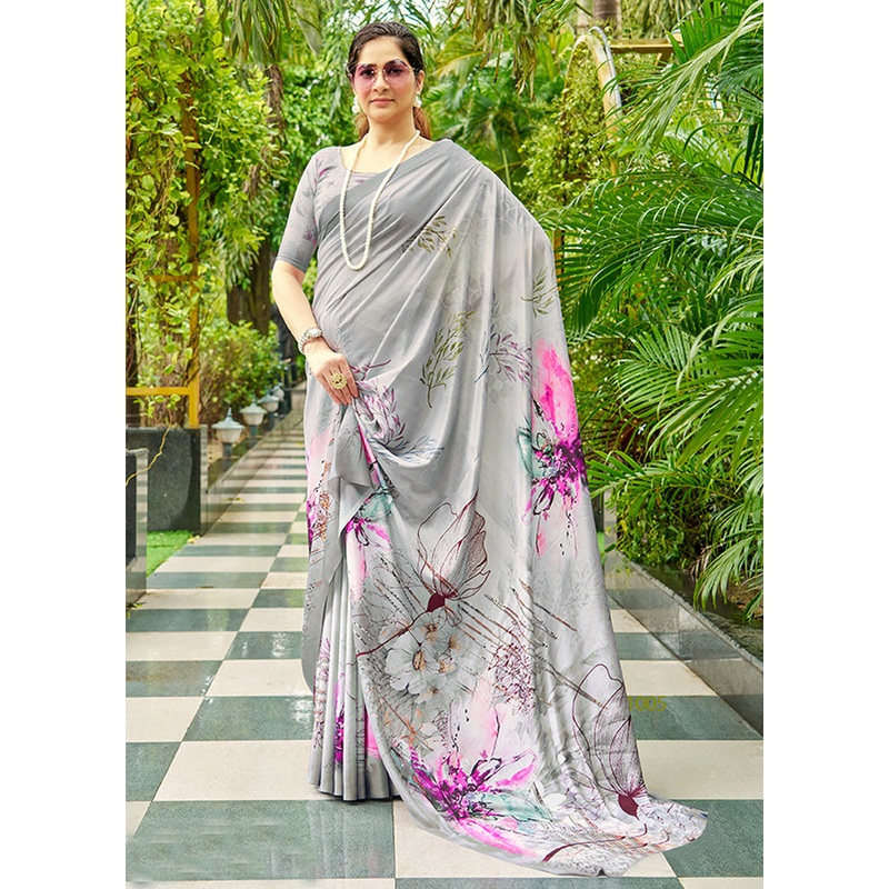 Grey Crepe Silk Saree With Blouse Piece - JD986606944