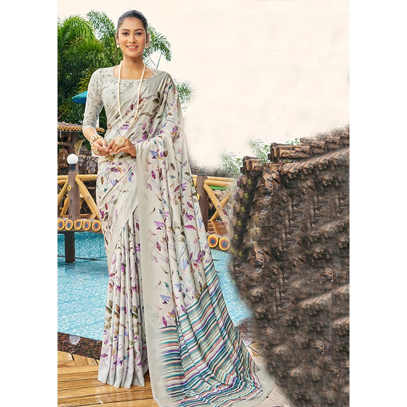Grey Crepe Silk Saree With Blouse Piece - JD986606945