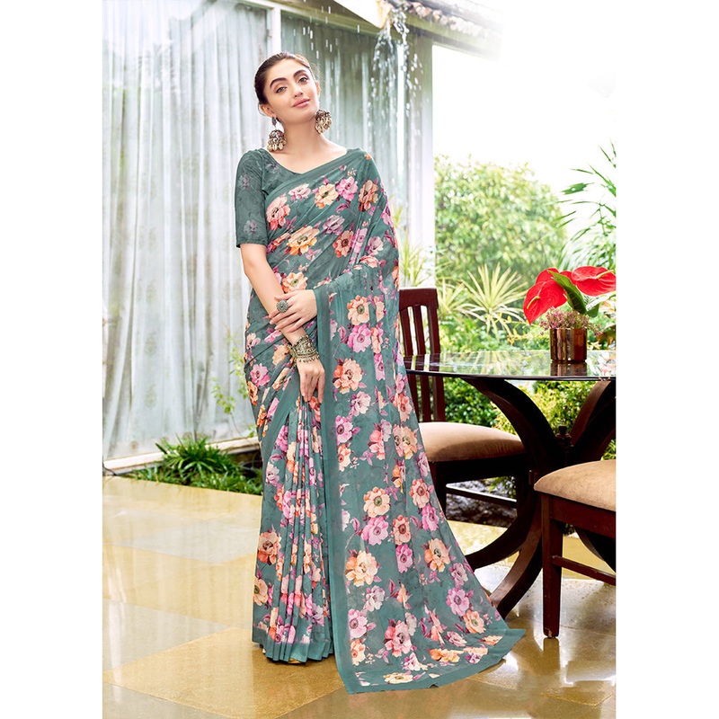 Grey Georgette Saree With Blouse Piece - JD986606942