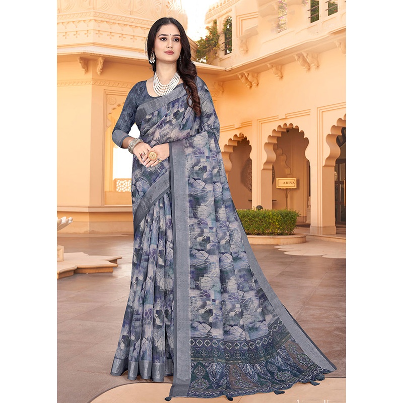 Grey Linen Silk Saree With Blouse Piece - JD986606941