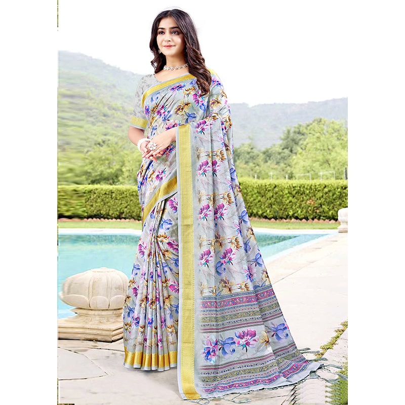 Grey Spun Silk Saree With Blouse Piece - JD986606938