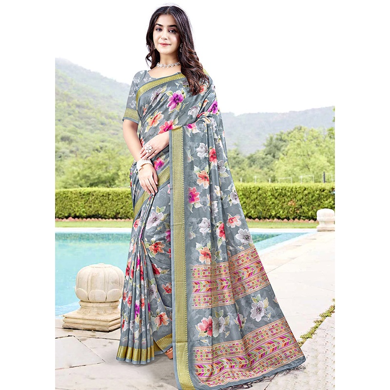 Grey Spun Silk Saree With Blouse Piece - JD986606939