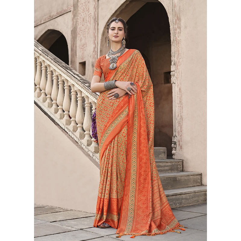Orange Spun Silk Saree With Blouse Piece - JD986607006