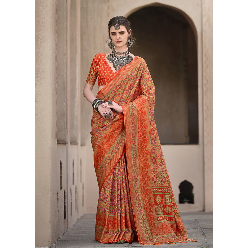 Orange Spun Silk Saree With Blouse Piece - JD986607007