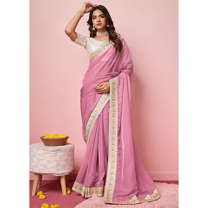 Pink Organza Saree With Blouse Piece - JD986607003