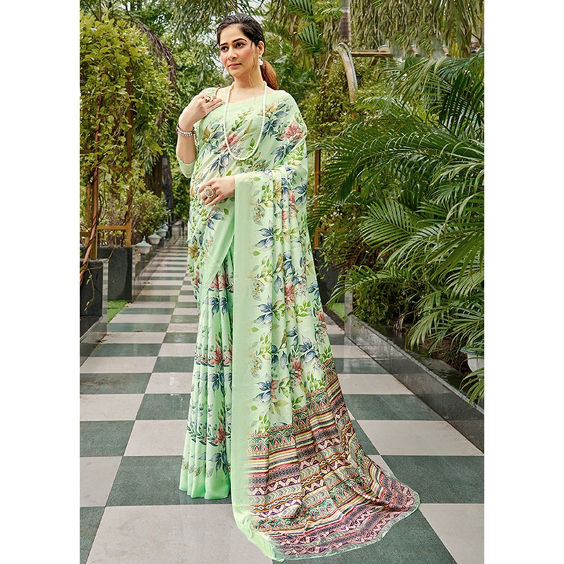 Pista Green Crepe Silk Saree With Blouse Piece - JD986606915