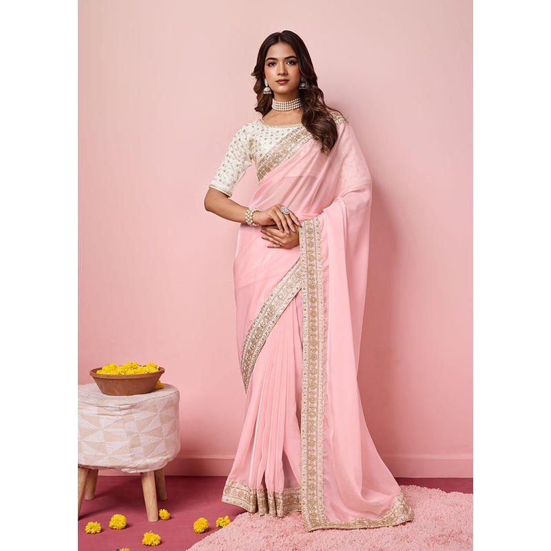 Rose Pink Organza Saree With Blouse Piece - JD986606988