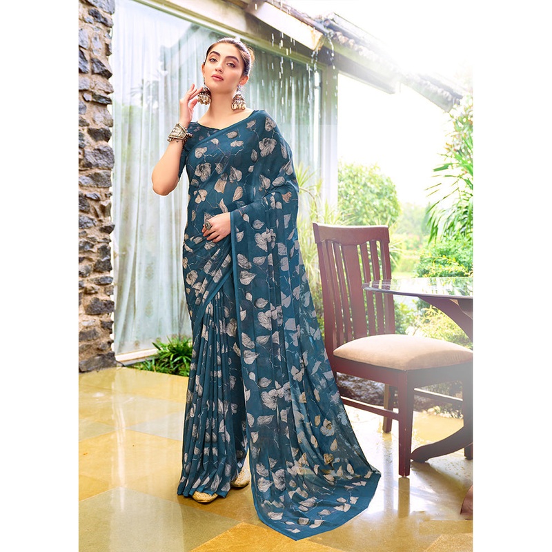 Teal Blue Georgette Saree With Blouse Piece - JD986606909