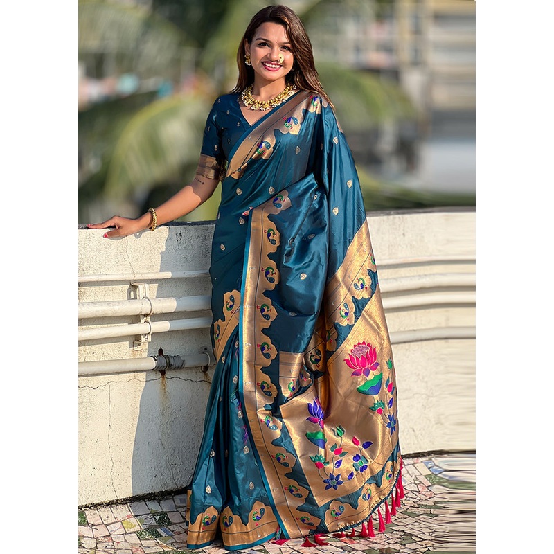 Teal Blue Spun Silk Saree With Blouse Piece - JD986606984