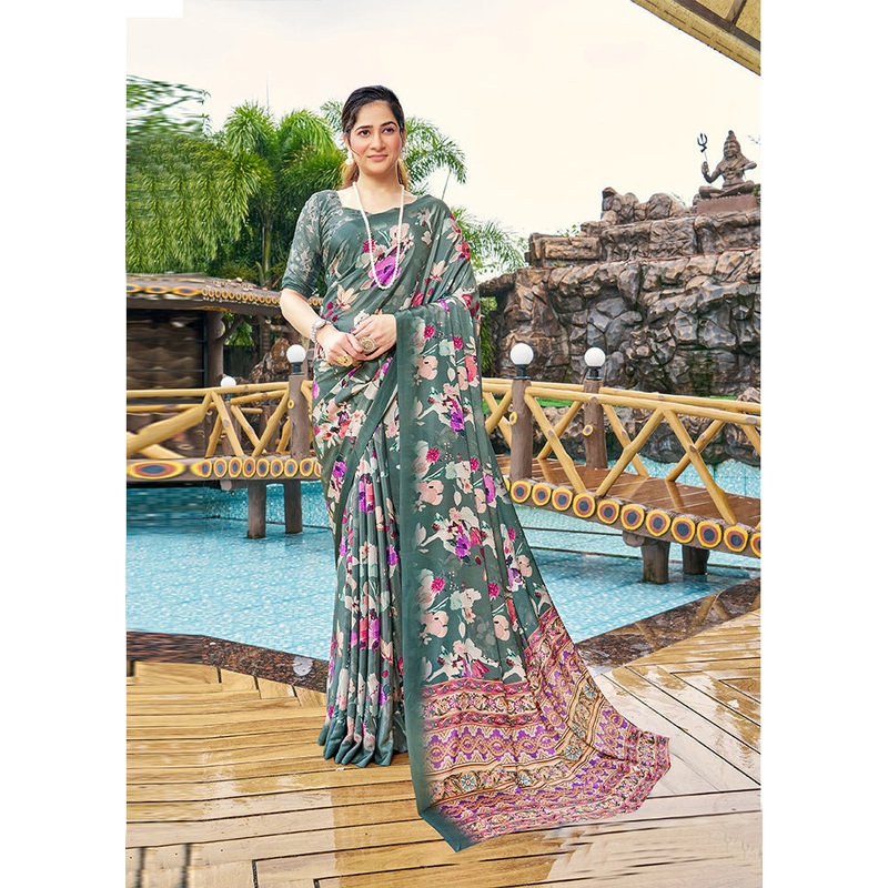 Teal Green Crepe Silk Saree With Blouse Piece - JD986606908